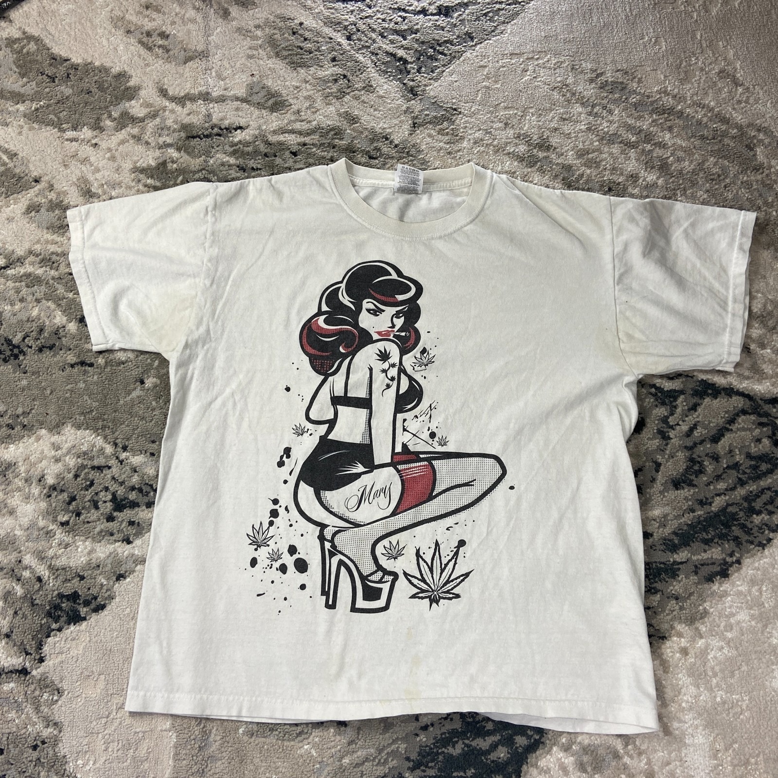 Vintage Y2k Fruit Of The Loom T Shirt Sz L White Graphic Print Mary Jane Pinup